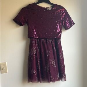 Knitworks Wine Sequin Top with Floral Overlay Party Dress